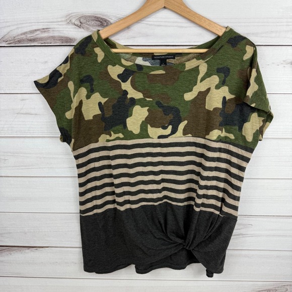 Signature Studio Top Camo Print Striped Knot Front Casual T Shirt Womens - Picture 1 of 6